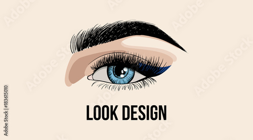 Beauty look design business card or logo template with beauty eye. Beautiful fashion open eye application with eyelash and eyebrow template. Vector illustration on beige background.
