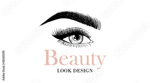 Beauty look design business card or logo template with open eye and eyelashes and eyebrow. Sample logo for beauty salon, cosmetics product, cosmetology procedures, makeup stylist, master on eyebrows.