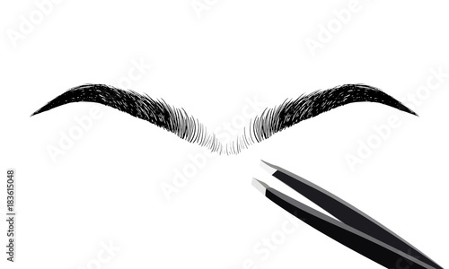 Unibrow with tweezers. Shaping eyebrows. Waxing hair on the face. Mono Eyebrow before correction. The concept of depilation and hair removal