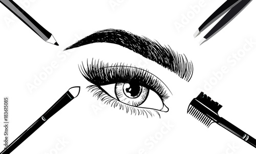 Beautiful eye and eyebrows with set of tools and accessories for care of eyebrows and eye. Applicator for shadows brushes, combs, eyebrow pencil, tweezers. Vector illustration