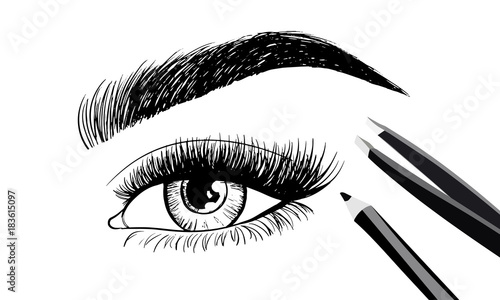 Beautiful eye and eyebrows with set of tools and accessories for care of eyebrows. Eyebrow pencil and tweezers. Vector beauty industry design. Cosmetics logo, label, brand insignia signs template.