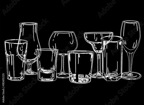 Set of hand drawn sketch style glasses. Vector illustration isolated on black background.