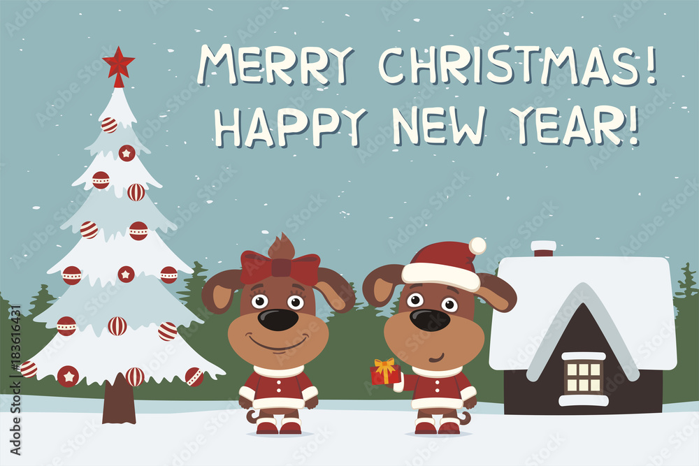 Merry Christmas and Happy New Year! Greeting card: two puppy dog, boy and girl, with gift near Christmas tree.