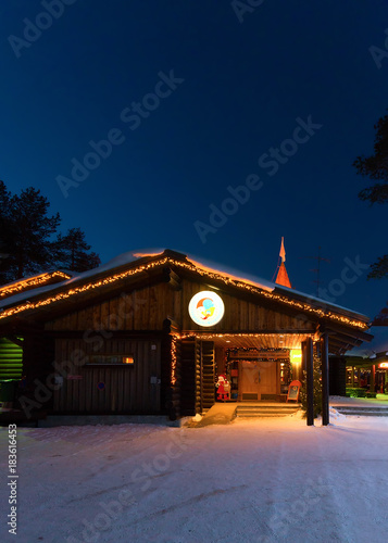 Santa Claus Office in Santa Village Finnish Lapland Scandinavia night outdoor