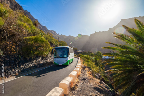 Beautiful landscape with a bus on the road towards Masca village in Tenerife, Canaray island of Spain
