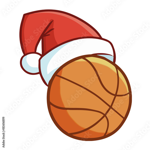 Cute and funny basketball wearing Santa's hat and - vector.
