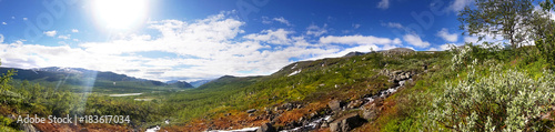 Fototapeta Naklejka Na Ścianę i Meble -  3d panorama. Sarek National Park. North of Sweden. The nature of the polar circle. Mountain wild landscape. Beautiful natural background. Can be used for architectural visualization     