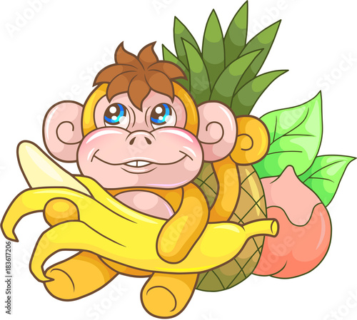 cartoon cute monkey with banana  funny illustration  