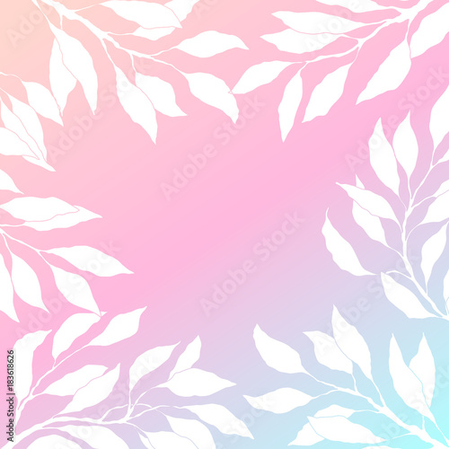 Frame with a silhouette of white leafs on a pink gradient background. Vector illustration