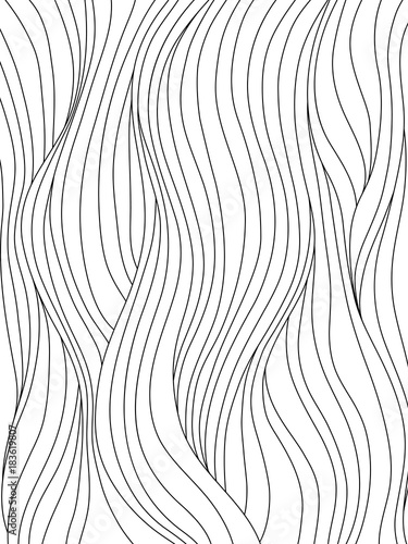 Black and white smooth waves. Abstract background with curly hair, or flow pattern for coloring book, or graphic design. Vector illustration.