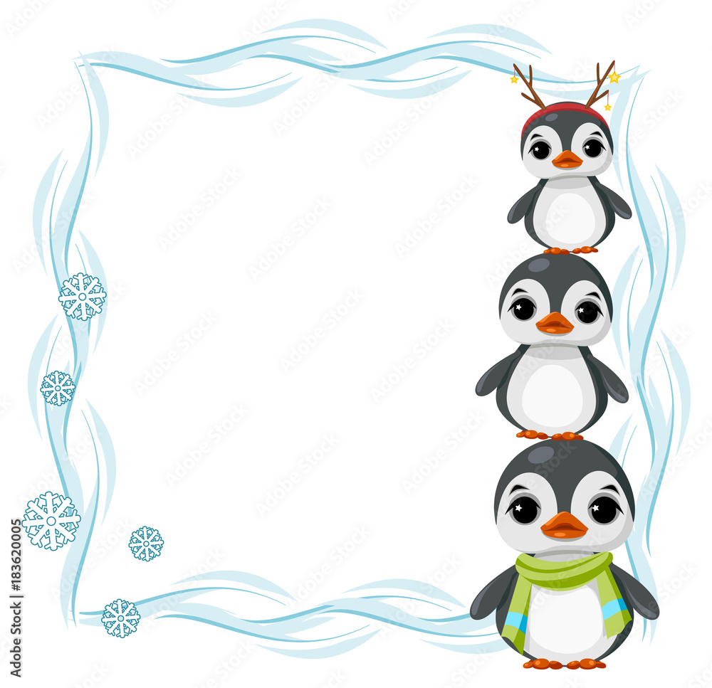 Obraz premium Large rectangular frame winter with snow, snowflakes and penguin. 