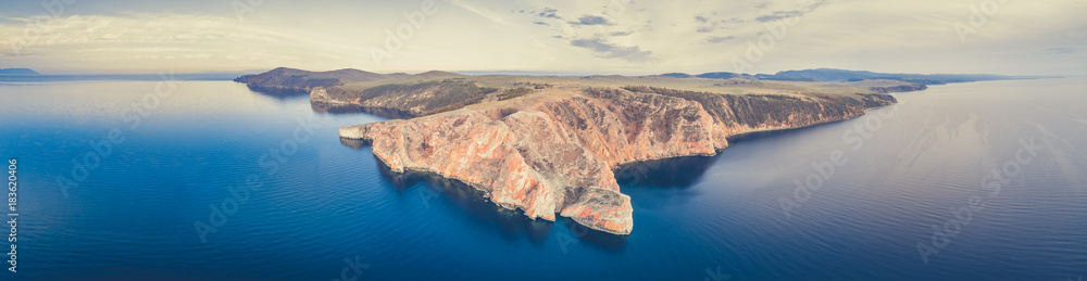 ProRes. Baikal lake shore and rocks from aerial view. Landscape.