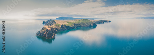 ProRes. Baikal lake shore and rocks from aerial view. Landscape.
