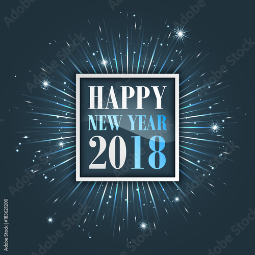 Happy New Year 2018 greeting card with fireworks.