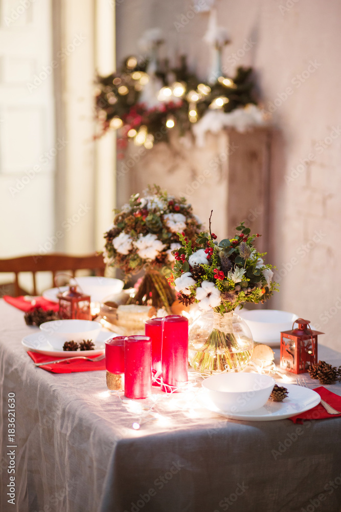 Christmas Table Setting Holiday Decorations with rustic flowers Decor New Year Celebration Christmas Table Setting Holiday Decorations with rustic flowers Decor New Year Celebration