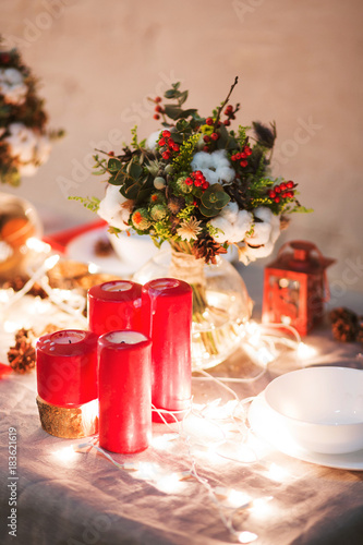 Christmas Table Setting Holiday Decorations with rustic flowers Decor New Year Celebration