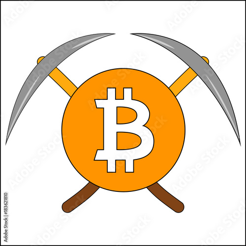 vector mining trolley with bitcoin symbol and two contralateral picks