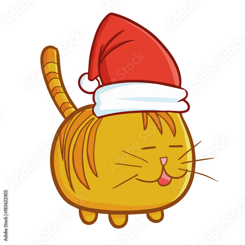 Cute and funny fat cat wearing Santa's hat for Christmas and smiling - vector.