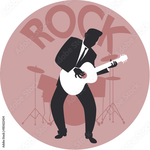Musical style. Rock. Silhouette of guitar player and drums in the background