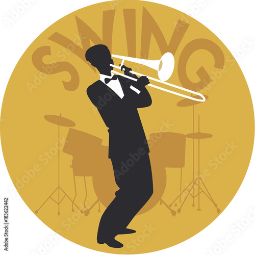 Musical style. Swing. Silhouette of trombonist and drums in the background