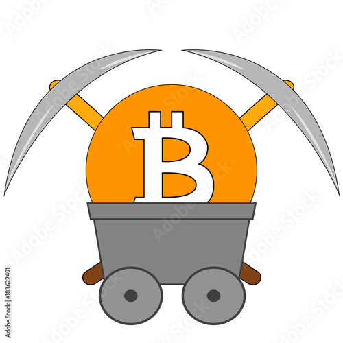 vector mining trolley with bitcoin symbol and two contralateral picks