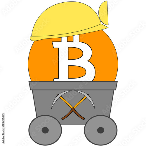 vector mining trolley with pick, helmet and bitcoin symbol