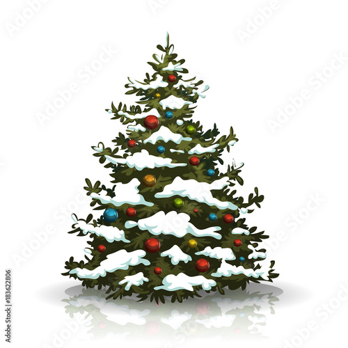Christmas Pine Tree With Snow And Balls