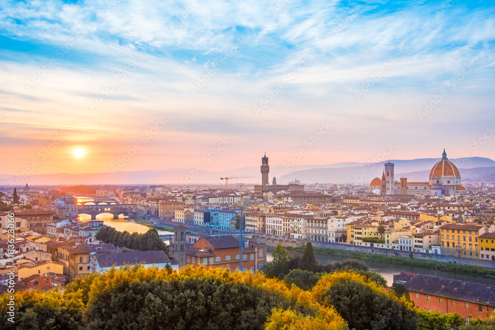 A fabulous panoramic view of Florence from Michelangelo Square at sunset. It is a pilgrimage of tourists and romantics. Duomo Cathedral. Italy, Tuscany