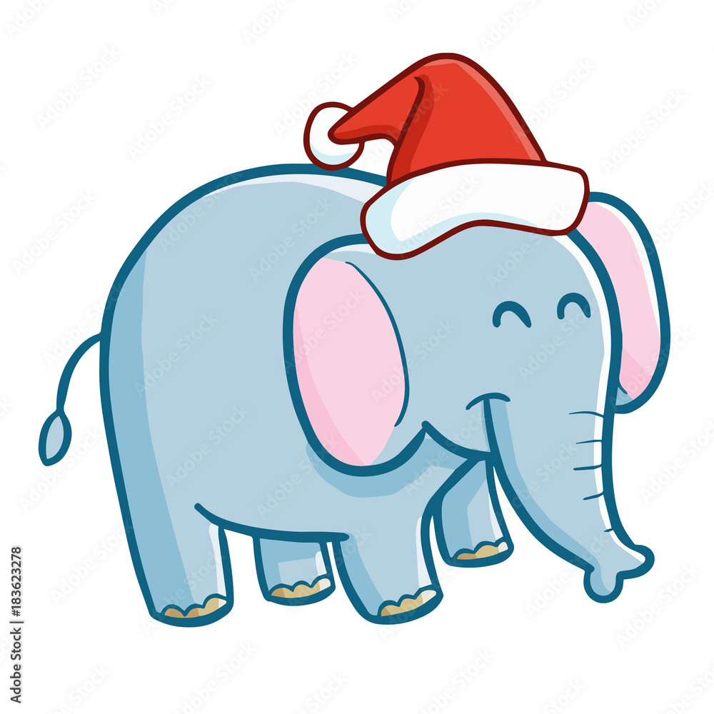 Fototapeta premium Funny and cute blue elephant wearing Santa's hat for Christmas and smiling - vector.