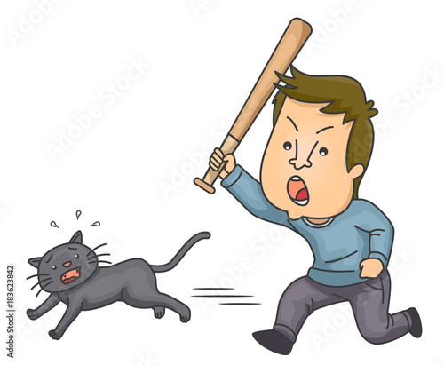 Man Animal Cruelty Cat Bat Illustration