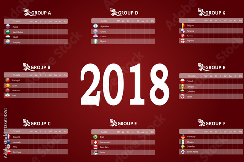 Russia 2018 championship. Vector flags and groups. World football championship. Soccer tournament. All groups with illustrated round flags. Convenient tables for recording match results and scoring