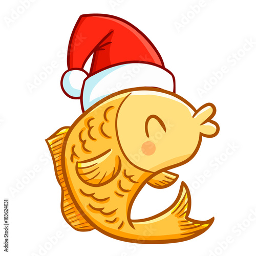 Funny and cute yellow fish wearing Santa's hat for Christmas and smiling - vector.