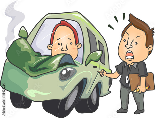 Men Driving Lesson Crashed Car Illustration