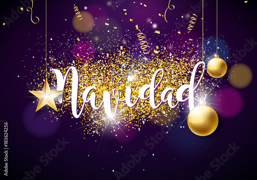 Christmas Illustration with Spanish Feliz Navidad Typography, Glass Ball, Confetti, Serpentine and Gold Cutout Paper Star on Shiny Violet Background. Creative Design for Greeting Card or Poster.