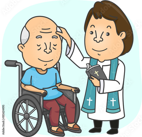Man Priest Anoint Sick Wheel Chair Senior Illustration