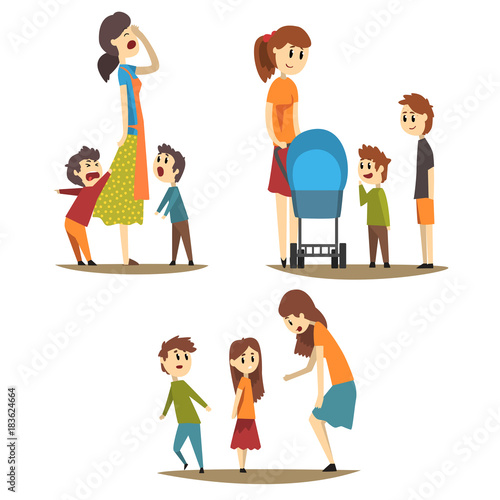 Tired housewife and loudly screaming sons, young mother with baby carriage and two boys next to her, woman scolding little girl. Motherhood concept. Flat vector illustration.
