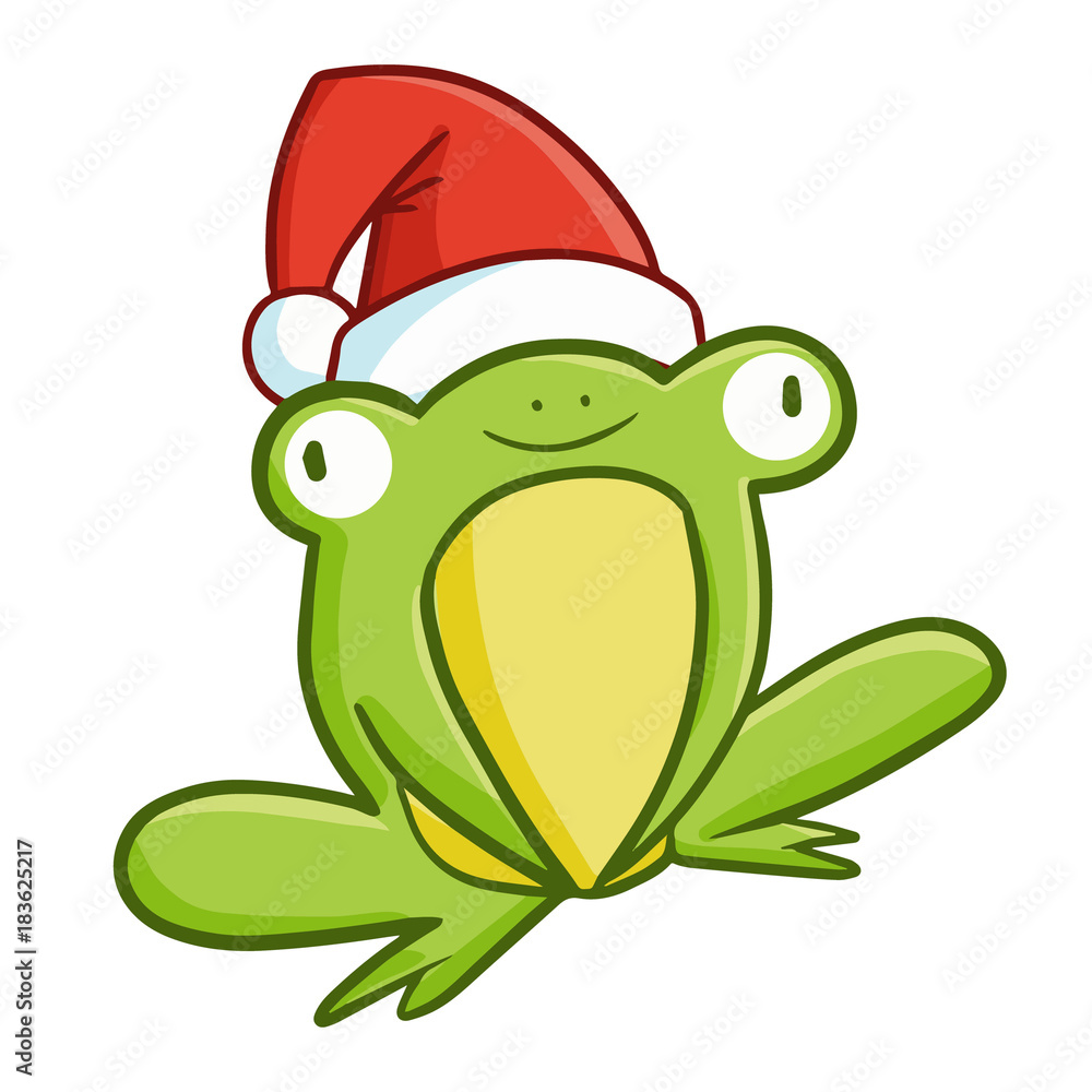 Fototapeta premium Funny and cute sitting frog wearing Santa's hat for Christmas and smiling - vector.