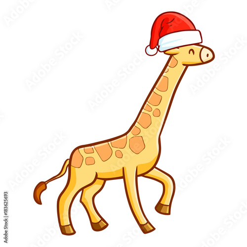 Funny and cute giraffe wearing Santa s hat for Christmas and smiling - vector.
