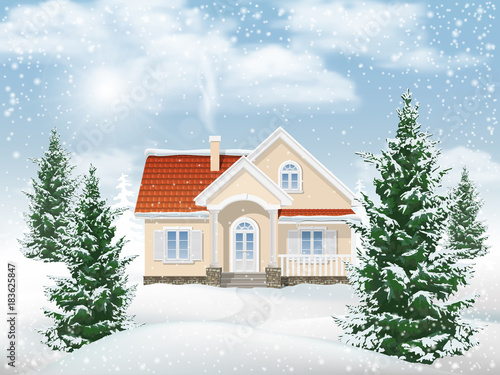 Winter rural landscape with house, spruce tree and snow drifts. Vector nature background.