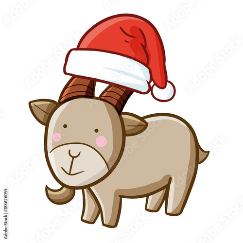 Funny and cute goat wearing Santa's hat and smiling - vector.