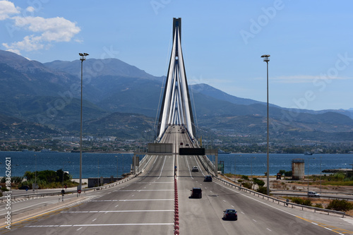 Seen from the mainland Charilaos Trikoupis Bridge - the bridge of Patra - designed with multi-span cable-stayed construction, the longest bridge in the world of the fully suspended type photo