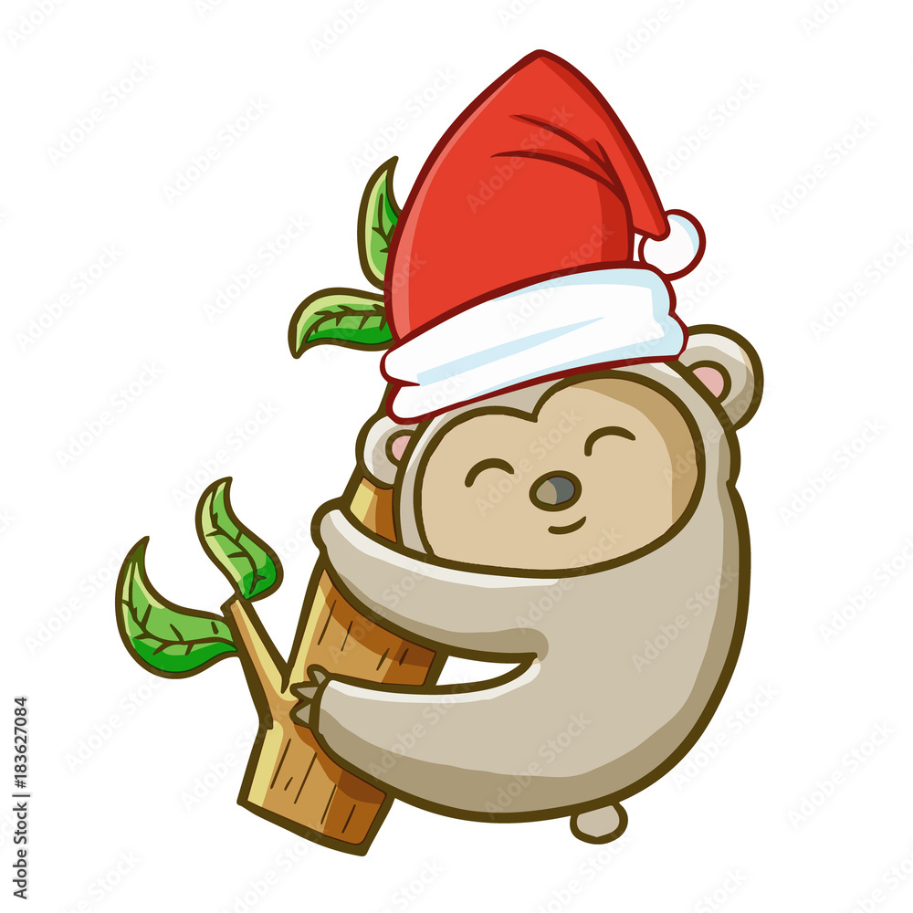 Obraz premium Funny and cute koala wearing Santa's hat and smiling - vector.