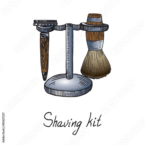Shaving kit, razor and shaving brush with wooden holder, hand drawn doodle sketch with inscription, isolated vector illustration