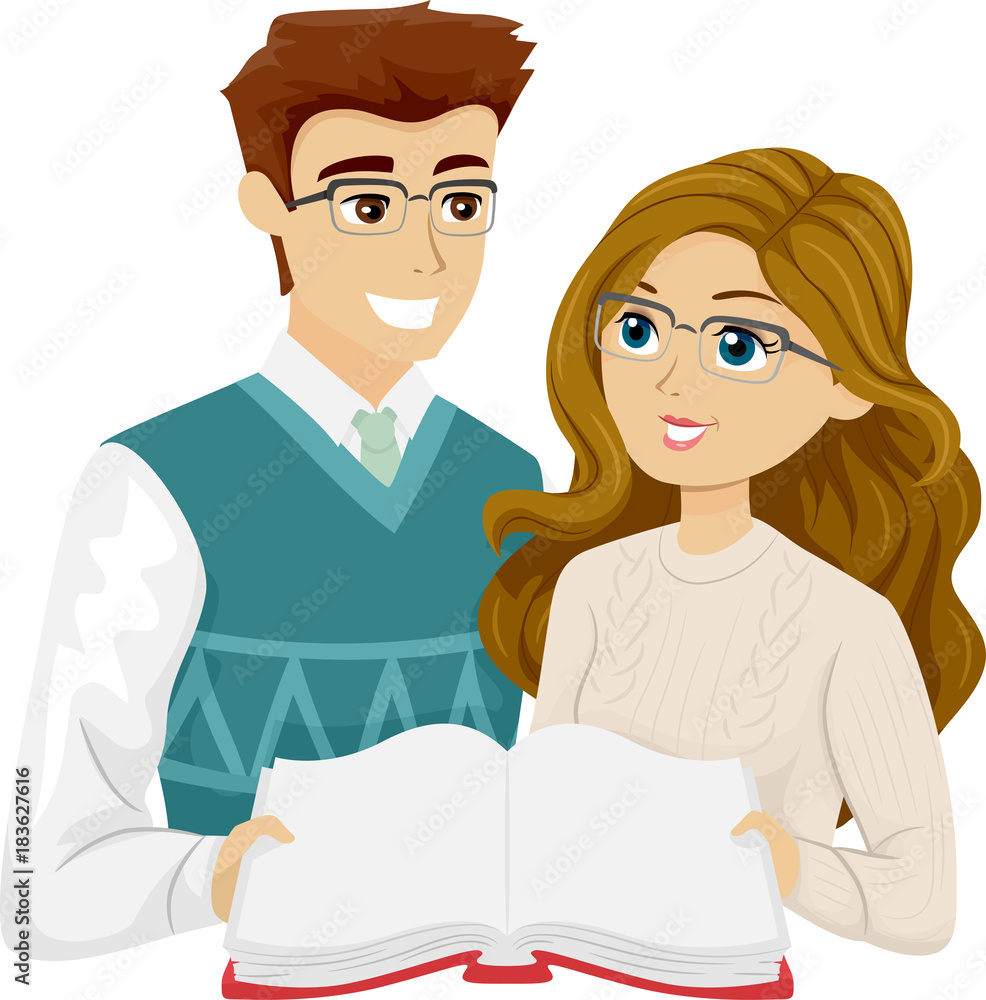 Teens Couple Share Book Illustration Teens Couple Share Book Illustration