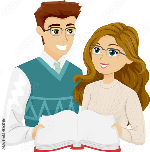 Teens Couple Share Book Illustration