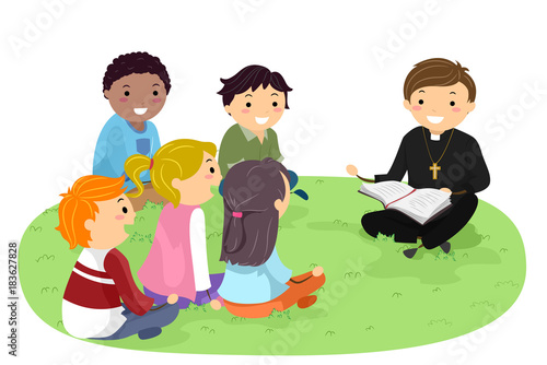 Stickman Teens Priest Outdoors Bible Study