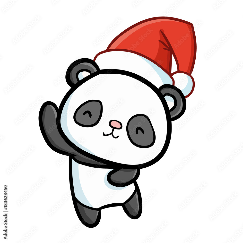 Funny and cute dancing panda wearing Santa's hat for Christmas and smiling  - vector. Stock Vector | Adobe Stock