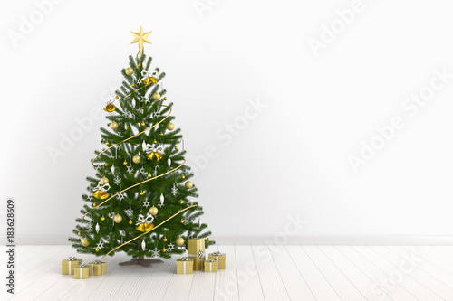 Christmas tree interior room with gold gift boxes. 3d illustration. photo