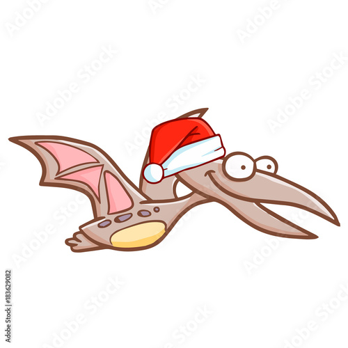 Cute and funny pteranodon wearing Santa's hat and smiling - vector.