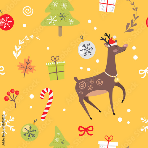 Seamless Pattern with Reindeer, Christmas Candies